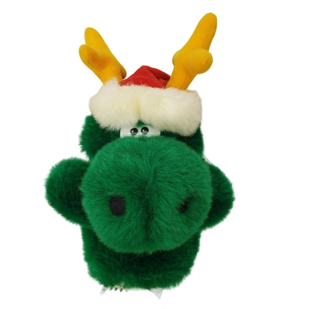Vintage Papel Christmas Green Reindeer Hand Puppet Santa Hat Plush L85777